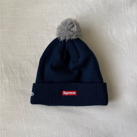 Supreme x New Era Box Logo Navy Beanie with Gray Pom